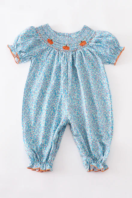 Blue floral smocked pumpkin romper