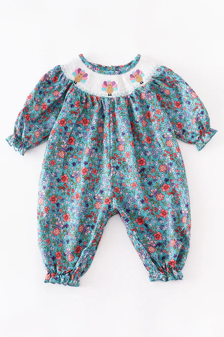 Blue turkey smocked romper