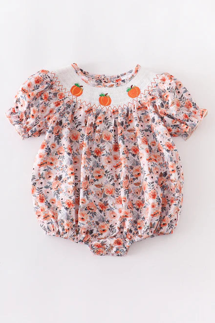 Pumpkin floral smocked romper