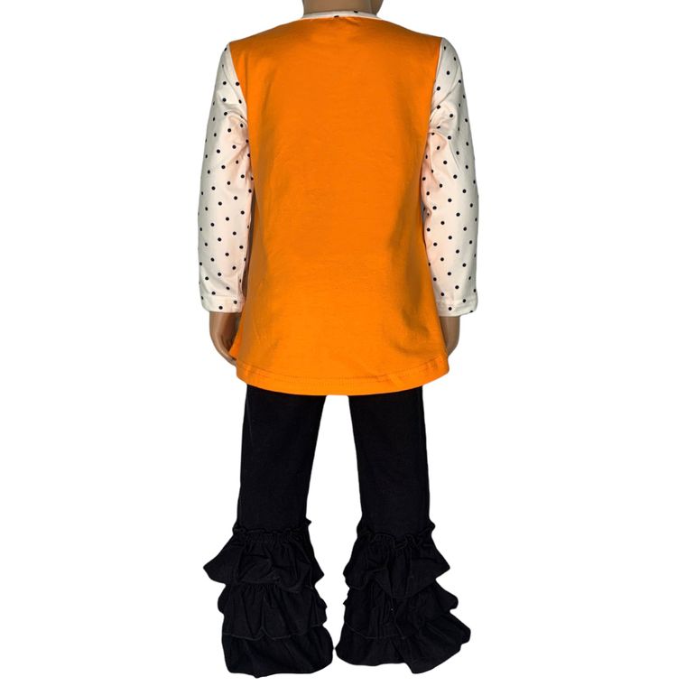 Girls Halloween Thanksgiving Orange Pumpkin Top & Black Ruffle Pants Outfit Back to School Set