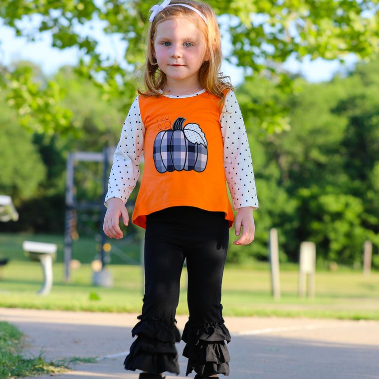 Girls Halloween Thanksgiving Orange Pumpkin Top & Black Ruffle Pants Outfit Back to School Set
