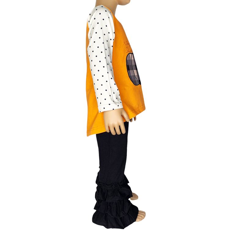 Girls Halloween Thanksgiving Orange Pumpkin Top & Black Ruffle Pants Outfit Back to School Set