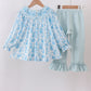 Blue snowman christmas tree smocked ruffle pants set