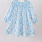 Blue snowman christmas tree smocked dress