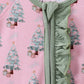 Pink christmas tree bamboo ruffle zipper romper