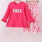 Pink bear embroidery ruffle pants set