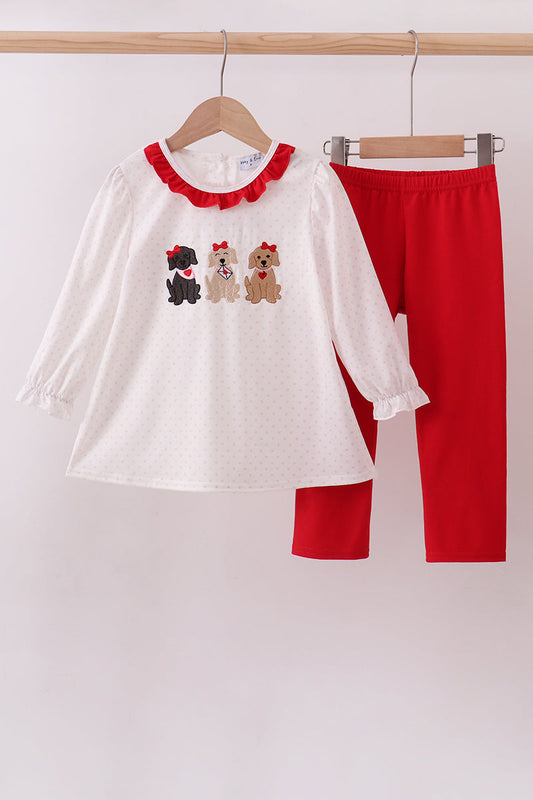 White puppy embroidery ruffle pants set