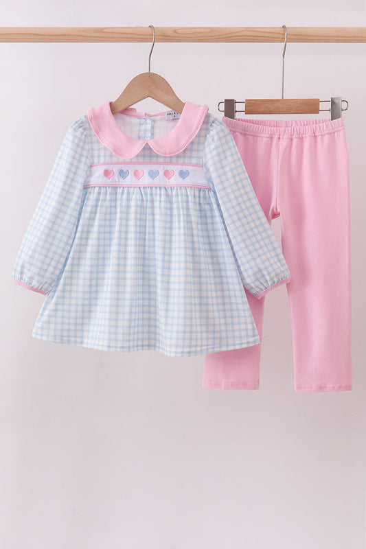 Blue heart embroidery gingham pants set