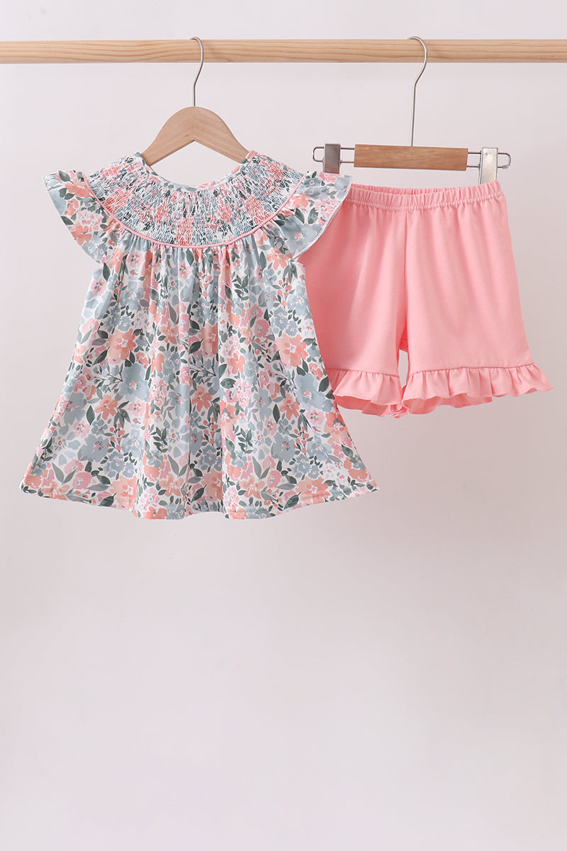 Pink Floral Smocked Knit Set