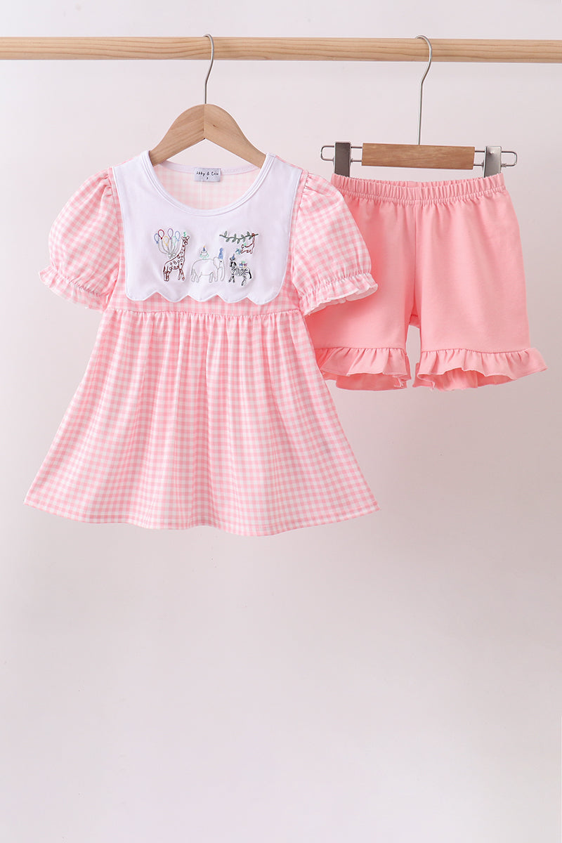 Pink Gingham Animal Embroidered Knit Set