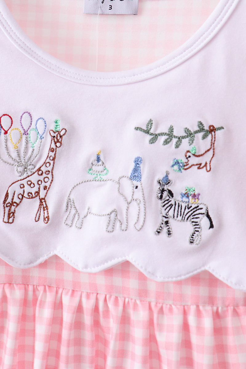 Pink Gingham Animal Embroidered Knit Set