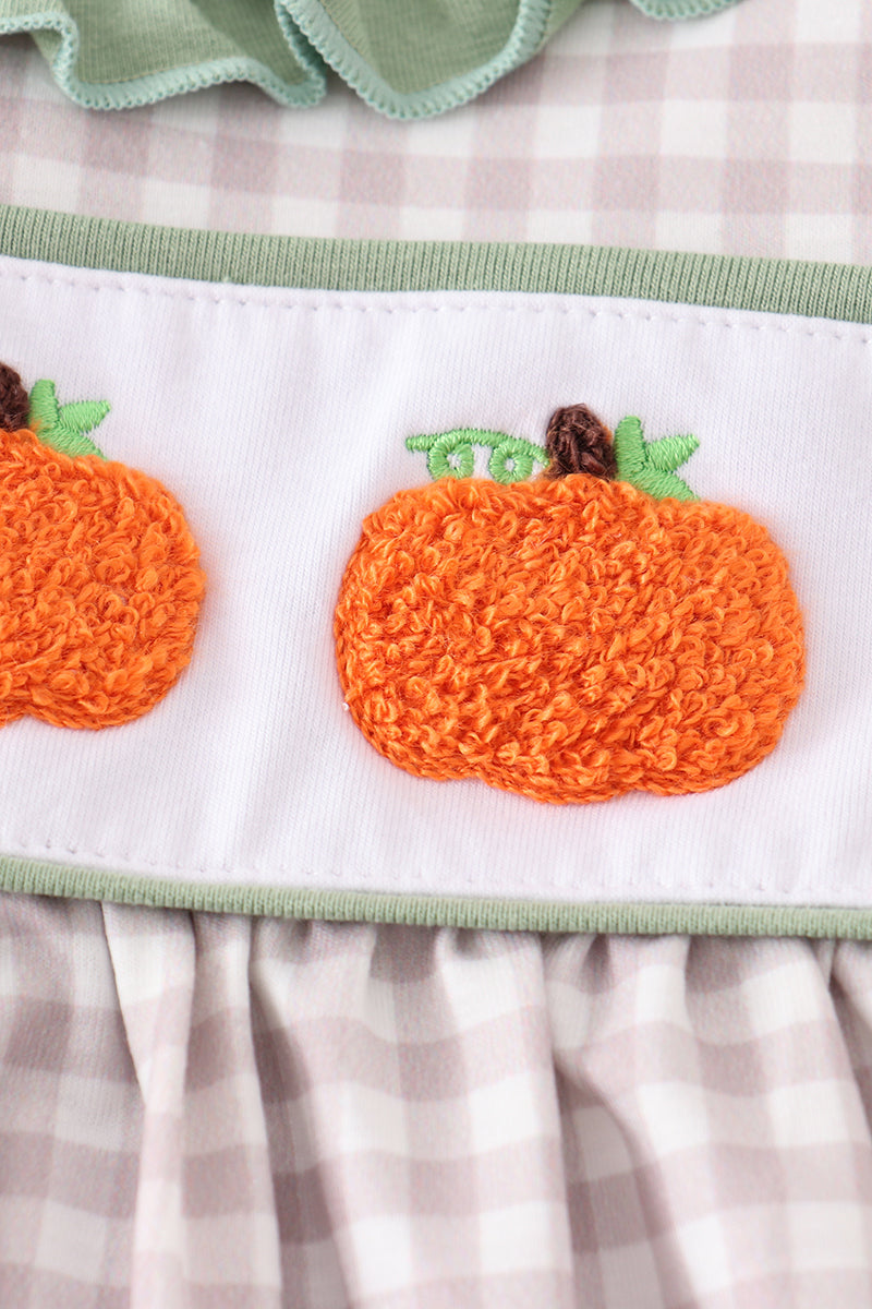 Green plaid french knot pumpkin girl set