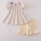 Neutral plaid french knot ruffle shorts set