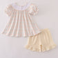 Neutral plaid french knot ruffle shorts set