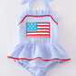 Seersucker patriotic flag applique one-piece girl swimsuit