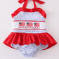 Patriotic flag embroidery smocked seersucker one-piece girl swimsuit