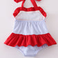 Patriotic flag embroidery smocked seersucker one-piece girl swimsuit