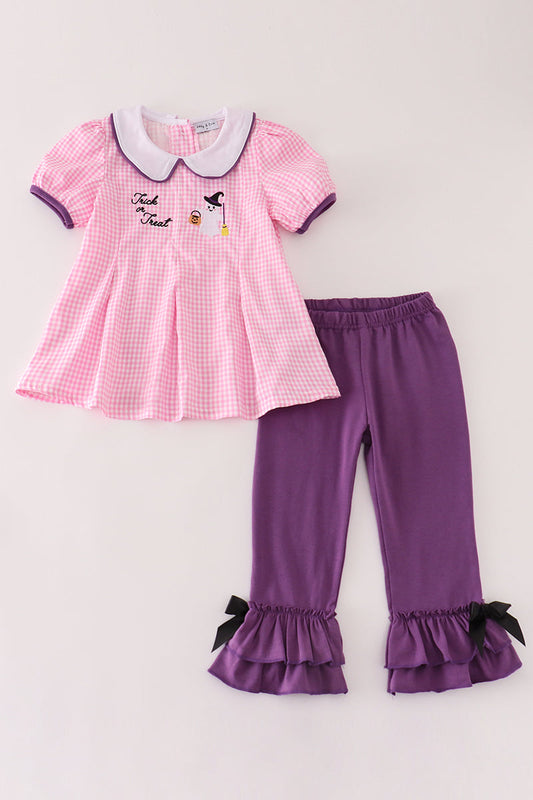 Pink plaid halloween embroidery girl set