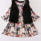 Fur vest music fan print dress set