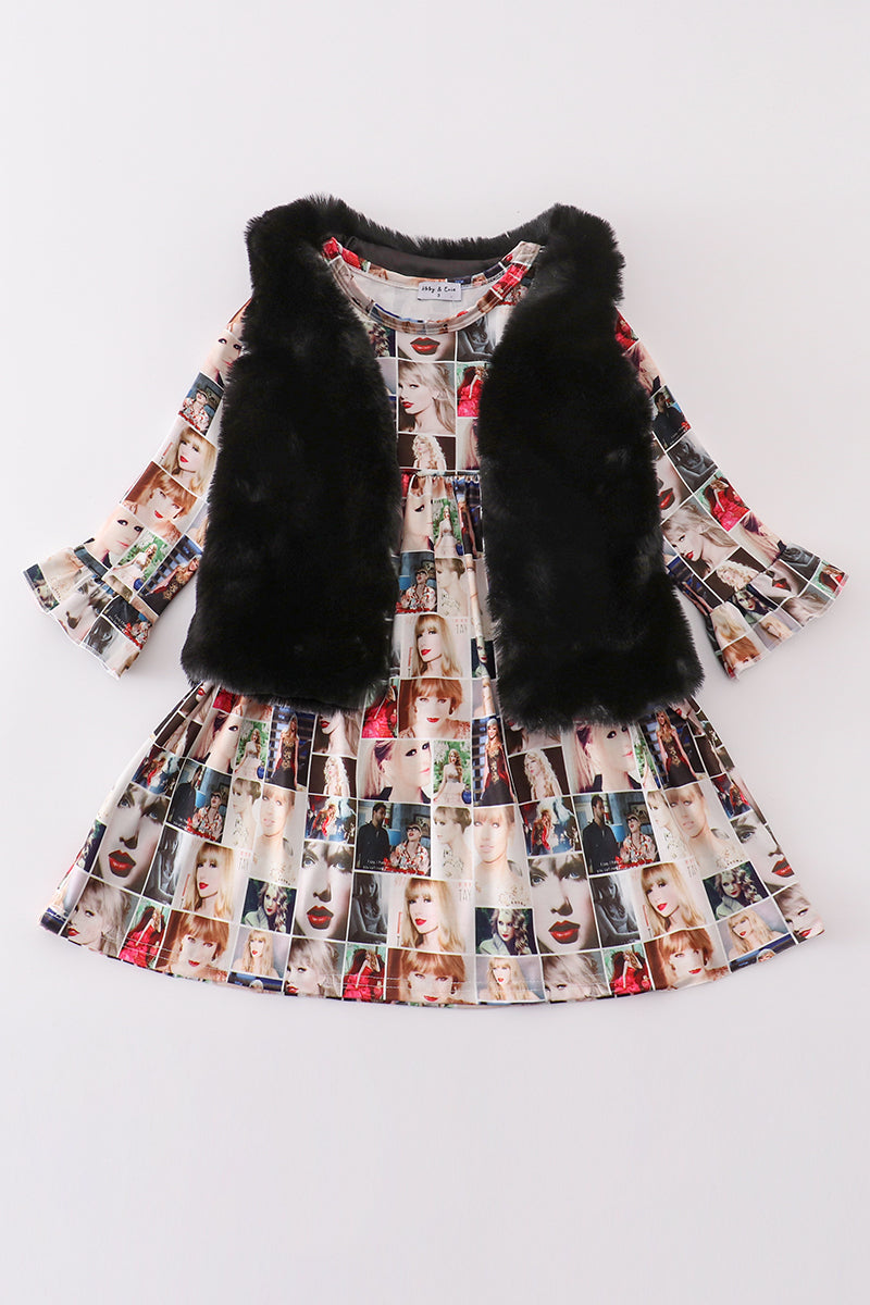 Fur vest music fan print dress set