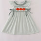Sage stripe french knot ruffle dress