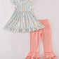 Green bow print ruffle pants set