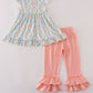 Green bow print ruffle pants set