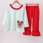 Blue reindeer applique stripe ruffle pants set