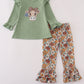 Green cow applique floral print ruffle pants set