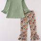 Green cow applique floral print ruffle pants set