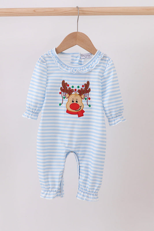 Blue stripe reindeer applique ruffle romper