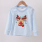 Blue stripe reindeer applique top
