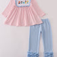 Pink princess castle embroidery gingham ruffle pants set