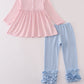 Pink princess castle embroidery gingham ruffle pants set
