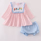 Pink princess castle embroidery gingham bloomer set