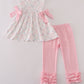 Pink floral bow print ruffle pants set