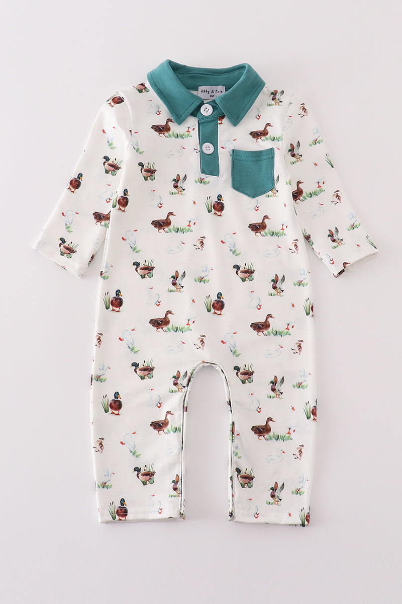 Green duck print boy romper