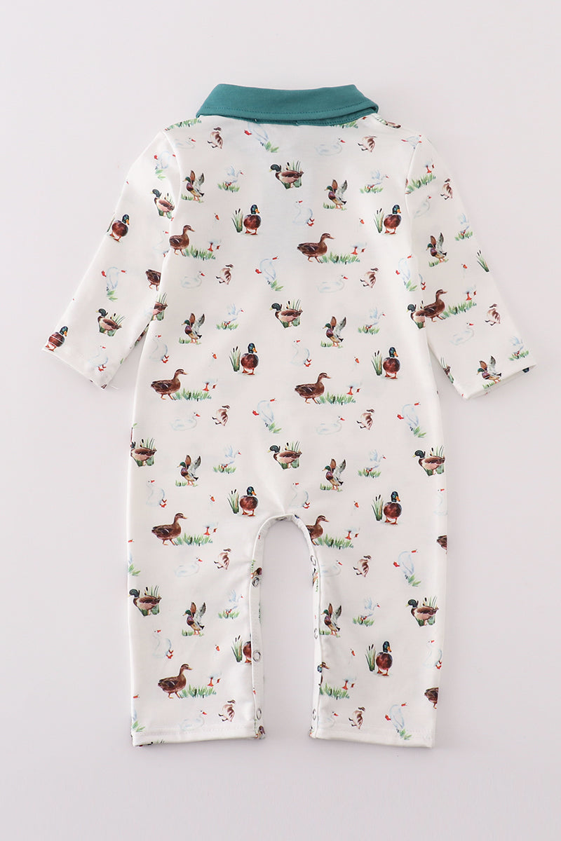 Green duck print boy romper