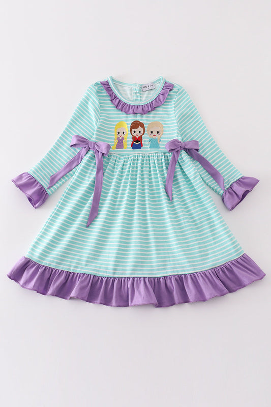 Green stripe princess embroidery girl dress