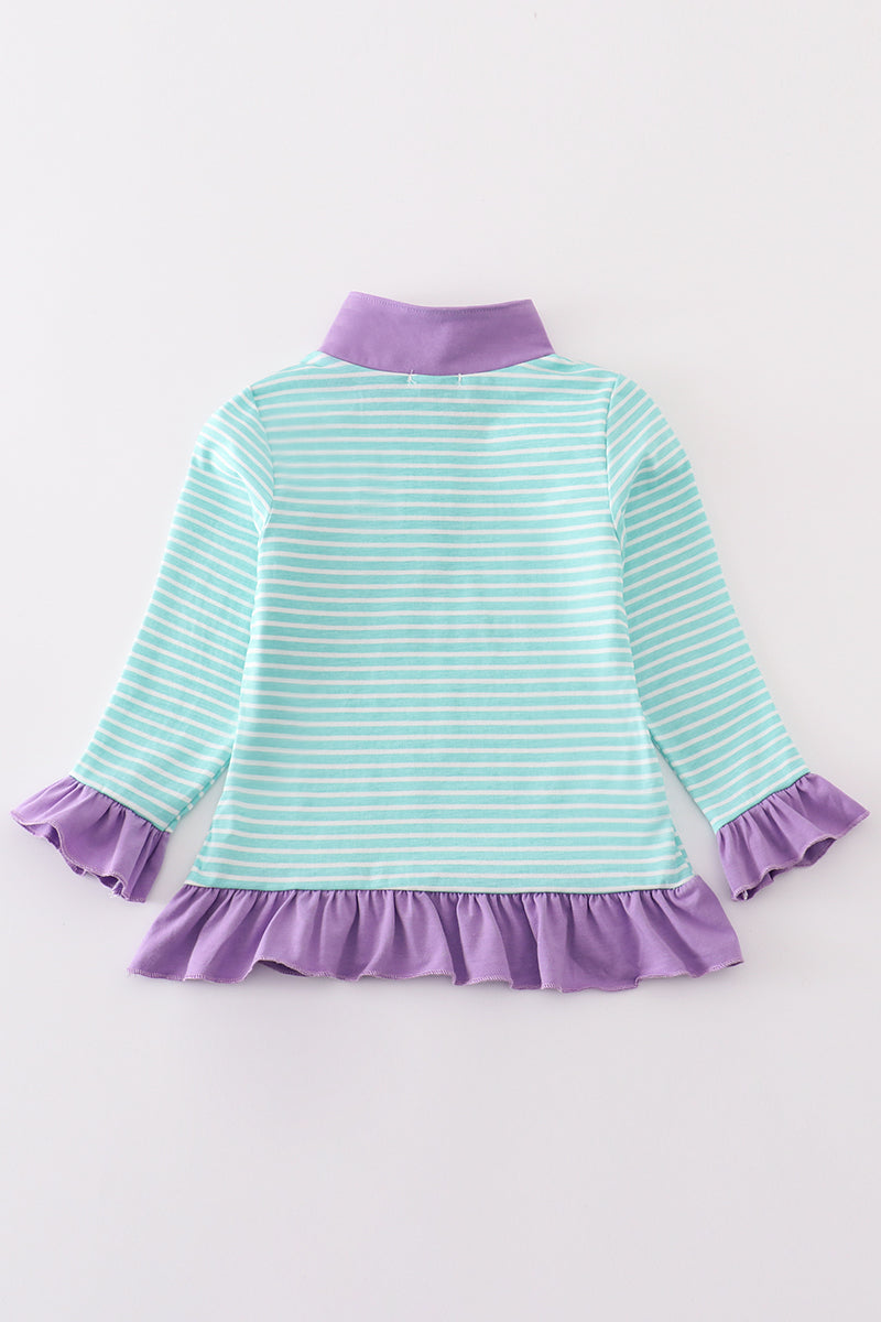 Green stripe princess embroidery girl pullover