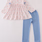 Pink floral print ruffle bow pants set