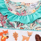 Teal floral print forest animal embroidery girl romper