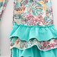 Teal floral print forest animal embroidery 2pc girl jumpsuit set