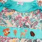 Teal floral print forest animal embroidery 2pc girl jumpsuit set