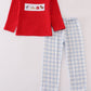 Red farm embroidery plaid pants set
