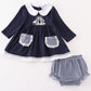 Navy nativity embroidery gingham girl bloomers set