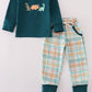 Blue dinosaur embroidery plaid pants set
