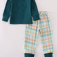Blue dinosaur embroidery plaid pants set