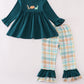 Blue dinosaur embroidery plaid ruffle pants set