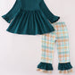 Blue dinosaur embroidery plaid ruffle pants set